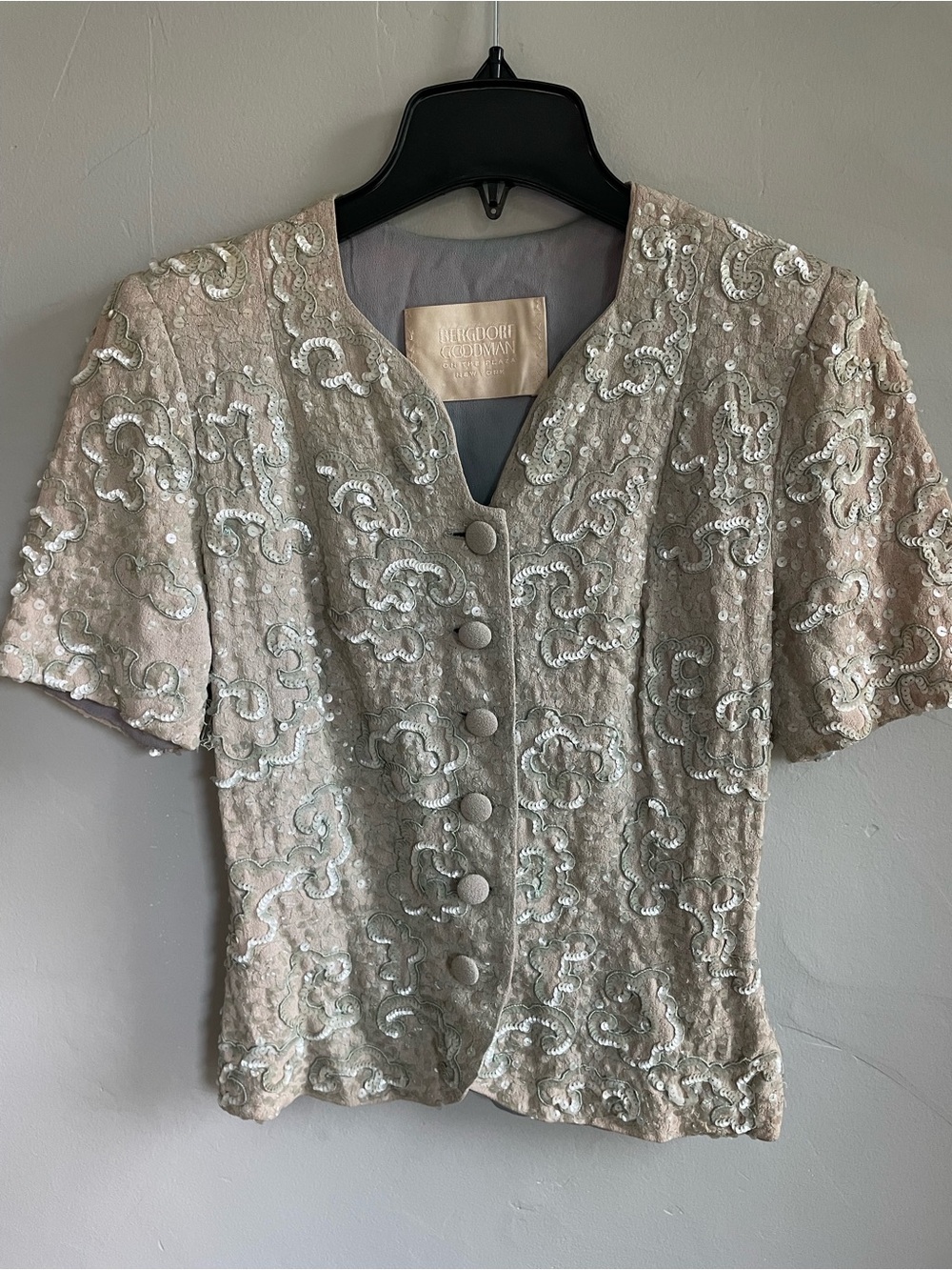 Bergdorf Goodman Vintage Sage/Tan Sequin Embellished Short-Sleeve Jacket